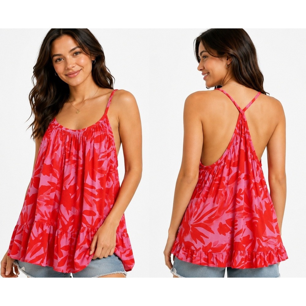 LOFT Cami Top Women XL Pink Red New Abstract Leaf Print Strappy Tiered Ruffle